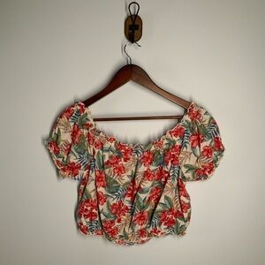 American Eagle Outfitters Red, Cream and Green Off the Shoulder Blouse